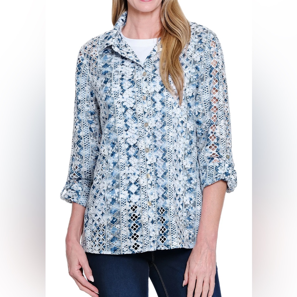 John Mark Embroidered Eyelet Button Front Top